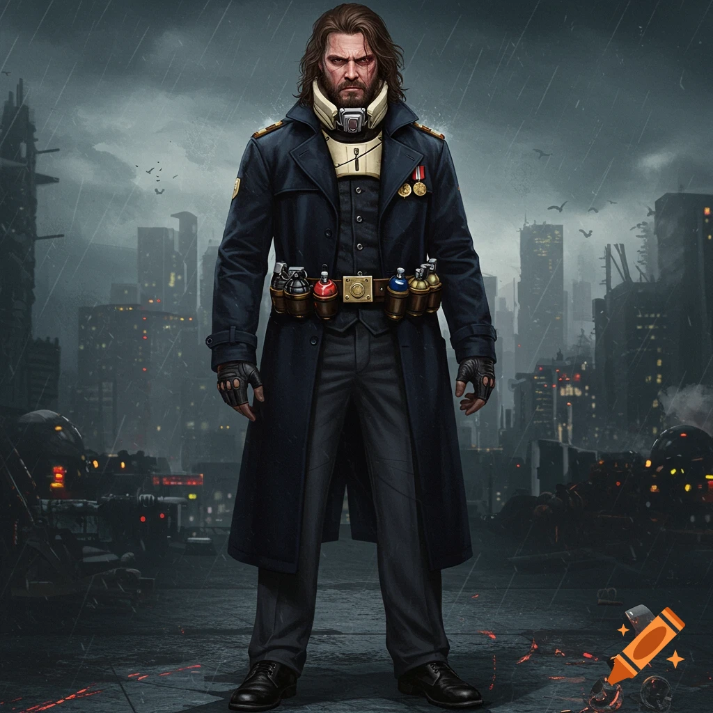A stern man in a dark trench coat and safety collar, with scars and a grenade belt, stands in a rainy, ruined city.