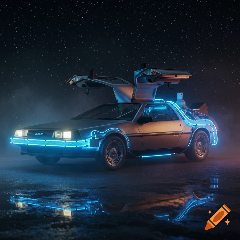 A silver DeLorean car with glowing blue neon lights on a wet surface, reflecting lights under a starry night sky.
