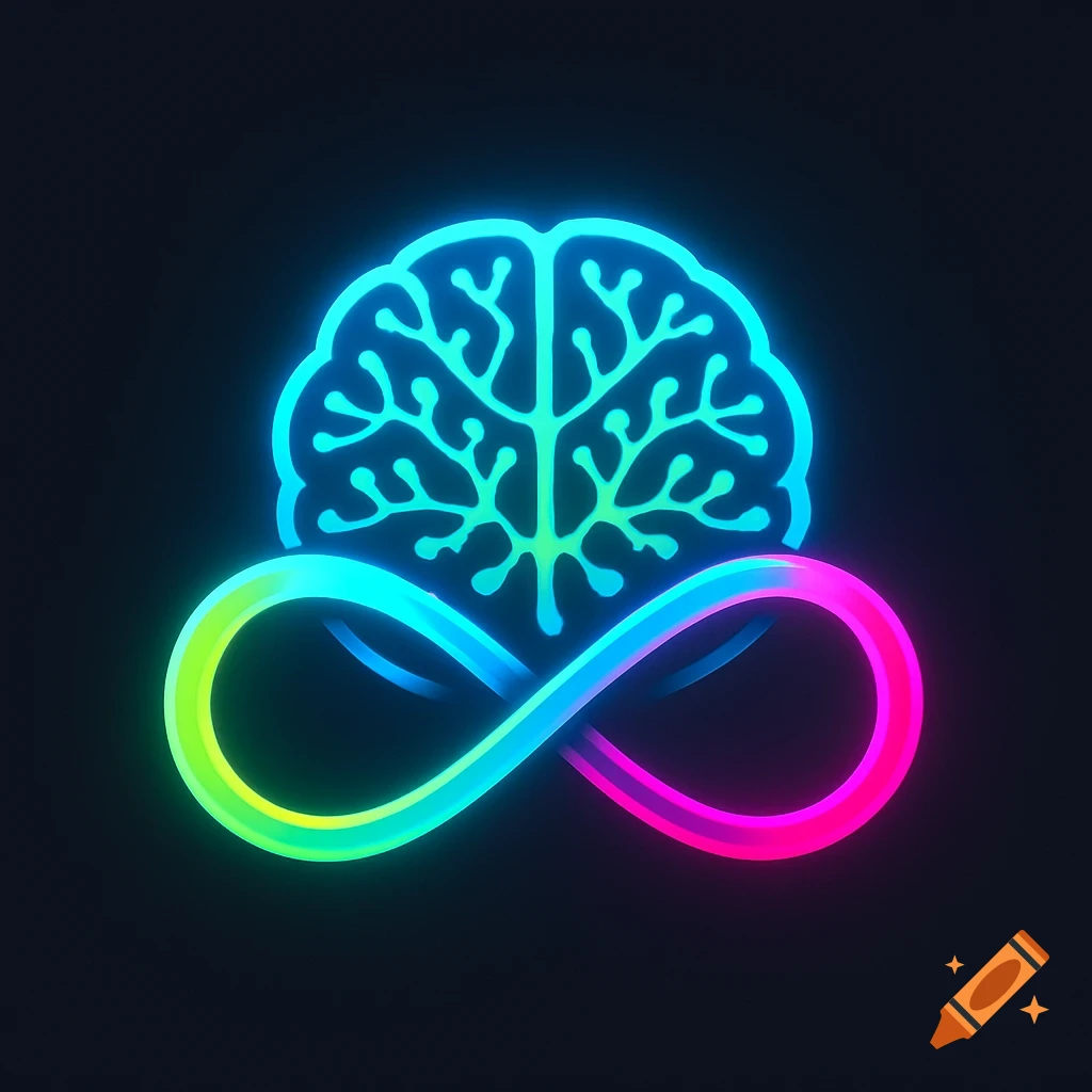 A glowing neon brain symbol intertwined with an infinity symbol against a dark background, in shades of blue, green, and magenta.