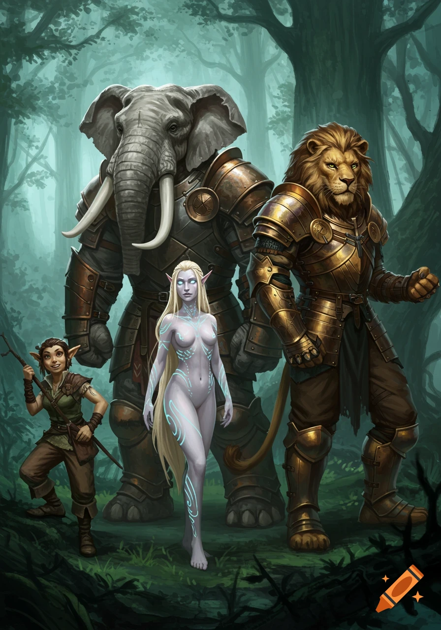 An armored elephant-man and lion-man stand with a nude elf woman covered in glowing patterns and a halfling in a forest.