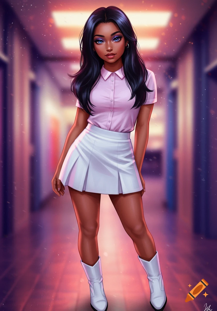 A stylized portrait of a woman with dark hair and blue eyes, wearing a pink collared shirt, a white mini skirt, and white go-go boots in a hallway.