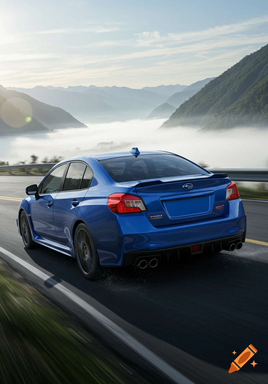 A blue Subaru WRX sedan drives on a winding mountain road with hazy mountains and fog in the valleys.