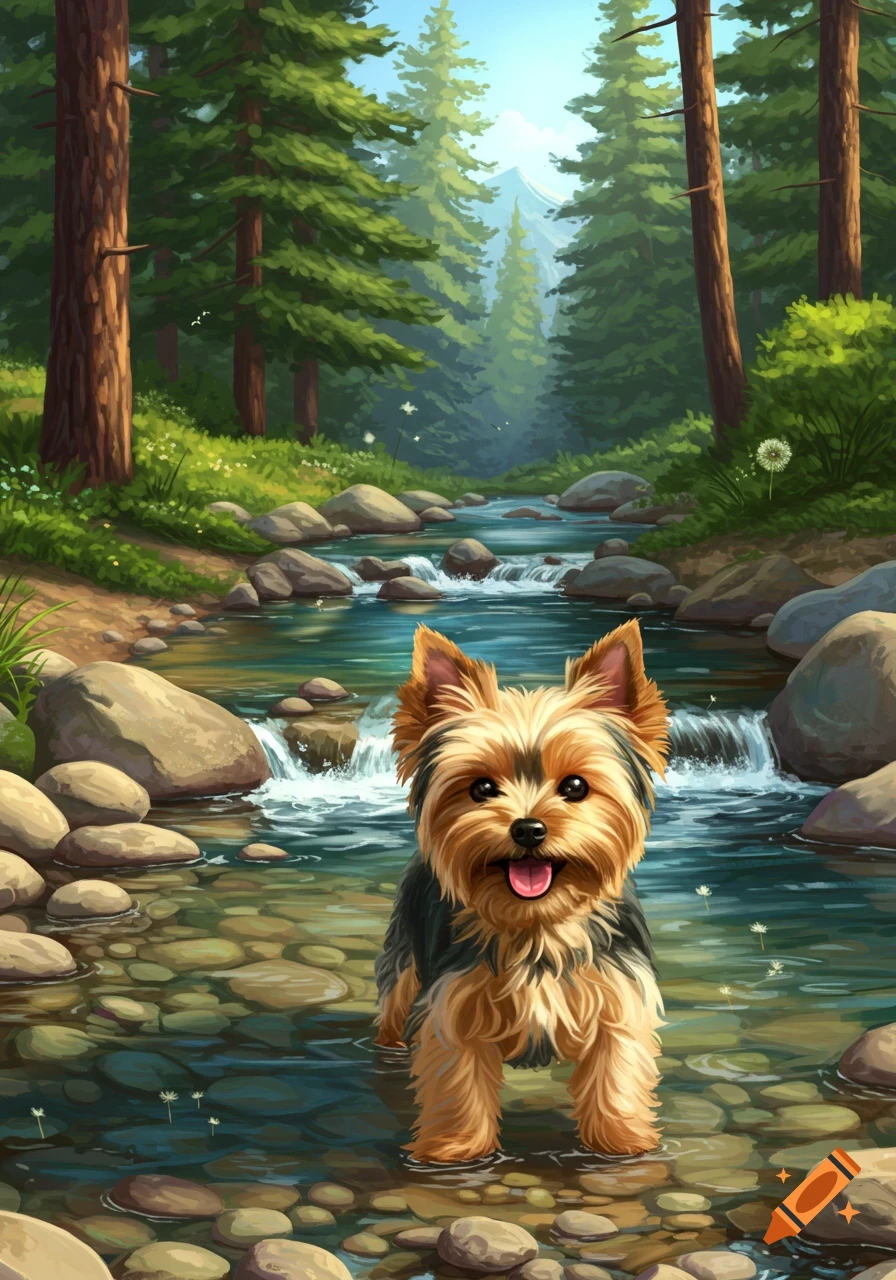 An illustrated Yorkie dog stands in a clear mountain stream surrounded by rocks and a lush green forest.