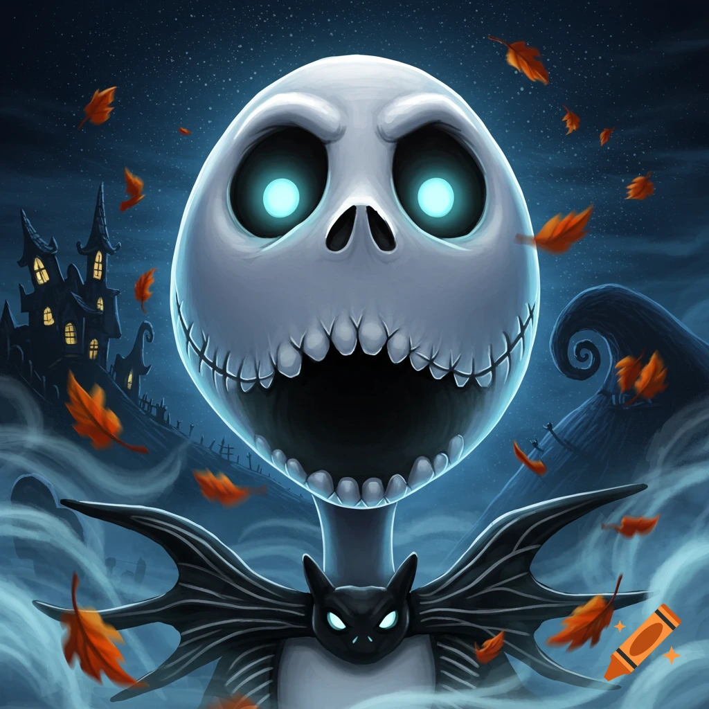 Stylized Jack Skellington head with glowing eyes screaming, spooky castle, and falling orange leaves at night.