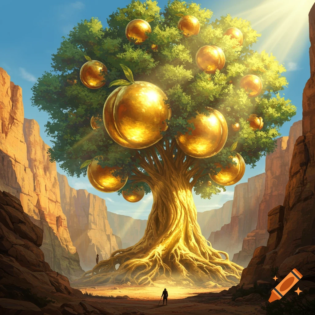 A massive, ancient tree with glowing golden fruits stands in a sunny canyon with towering rock formations and small figures.