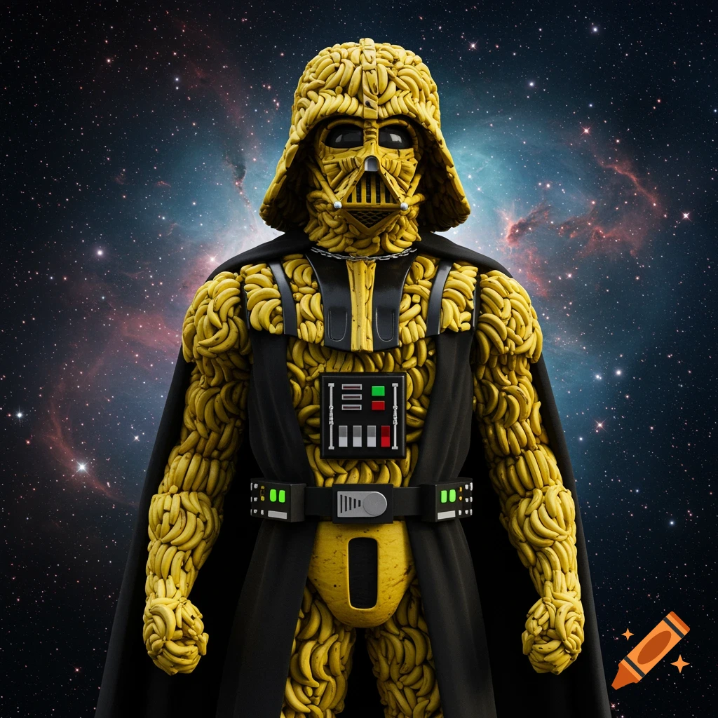 A photorealistic image of Darth Vader, made entirely of bananas, standing in a galaxy with stars and colorful nebulae.