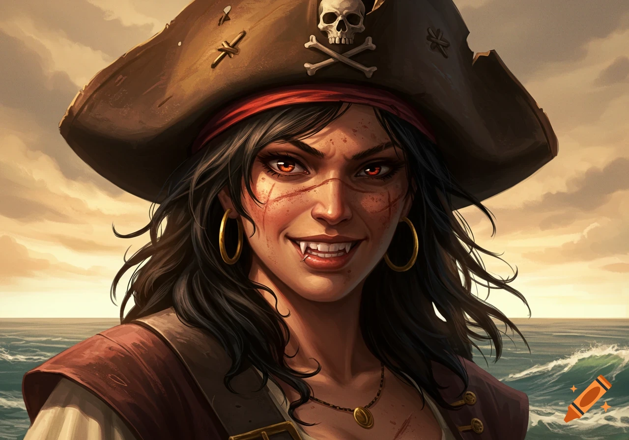 A fierce Filipina pirate illustration, grinning confidently with red eyes, scars, a skull hat, and golden hoop earring, against an ocean backdrop.