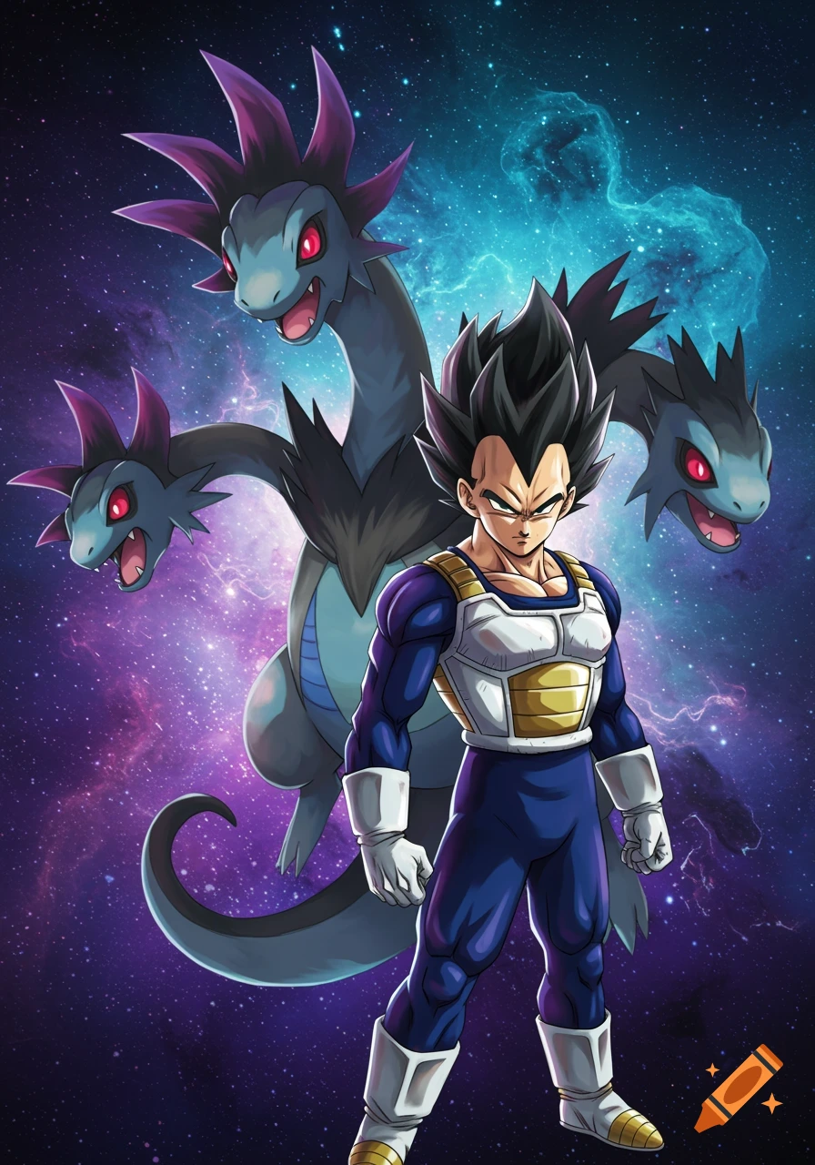 Vegeta from Dragon Ball standing in space with a three-headed Hydreigon from Pok edmon behind him, in an anime style.