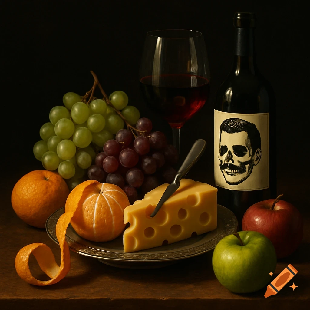 Photorealistic still life with grapes, oranges, Swiss cheese with knife, red wine, and a bottle with a Freddie Mercury skull label, on a dark background.
