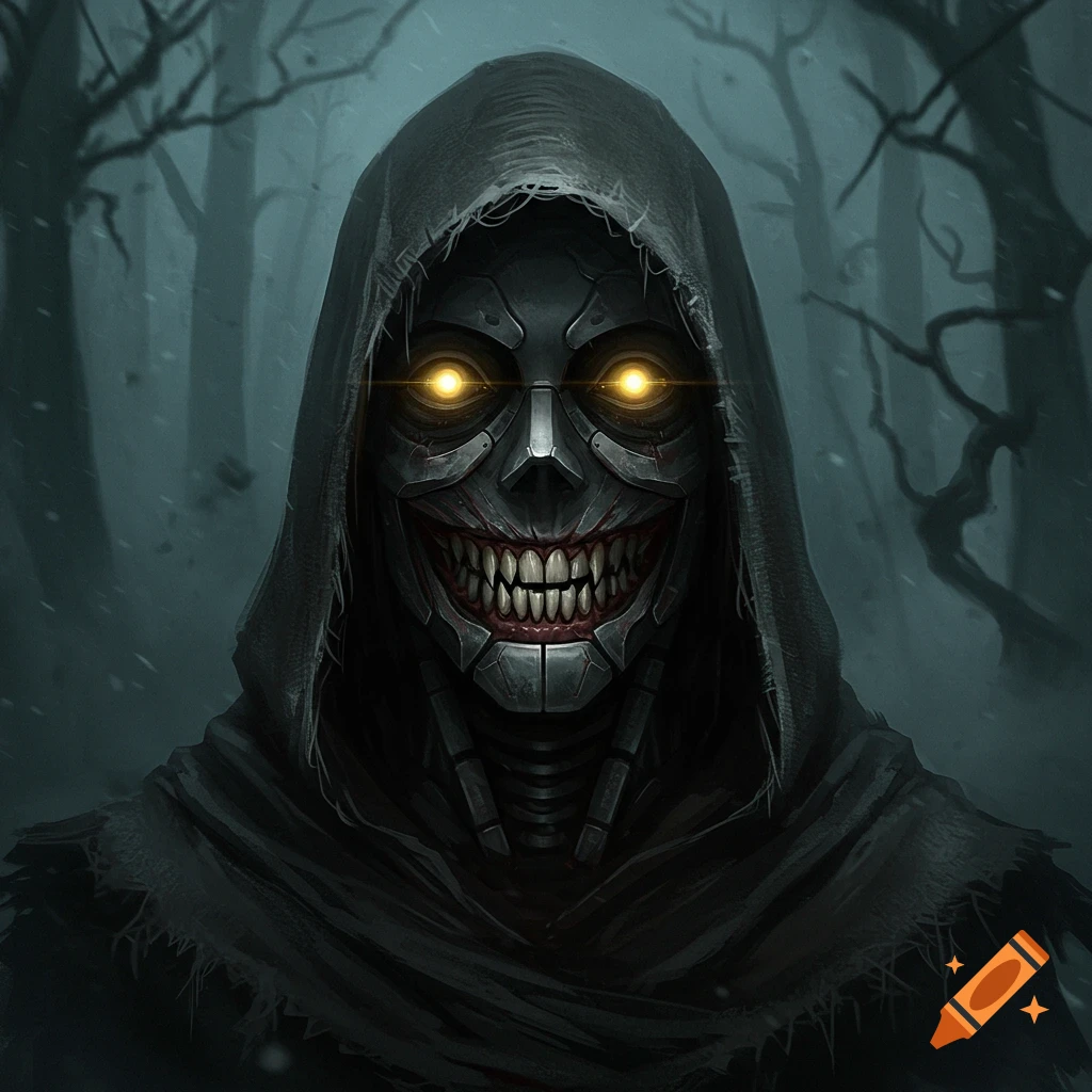 A hooded robotic being with glowing yellow eyes and a grotesque, wide smile full of sharp teeth stands in a dark, snowy forest, digital art.