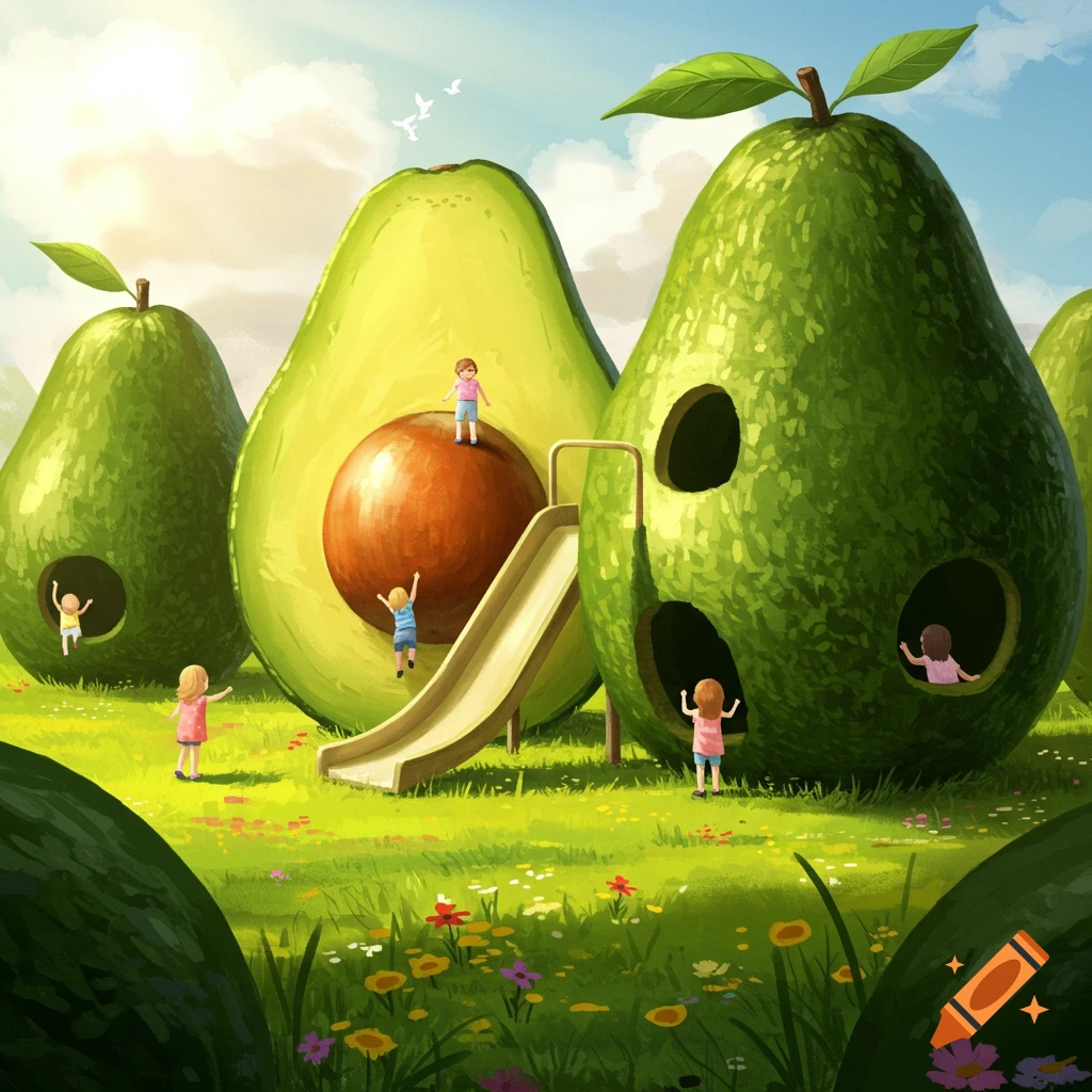 Whimsical illustration of children playing on and inside giant avocados in a sunny, grassy field.