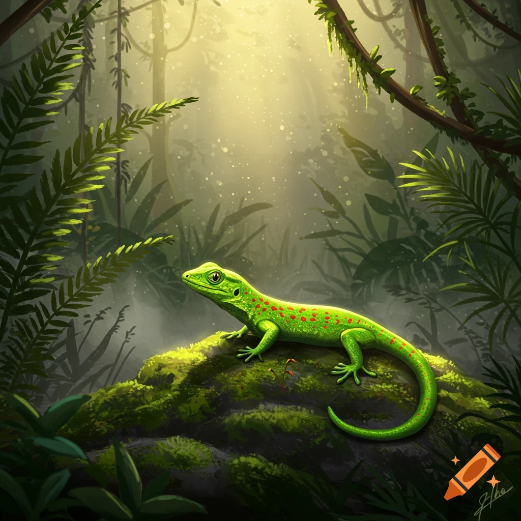 An illustration of a vibrant green lizard with red spots resting on a moss-covered rock in a sunlit jungle.