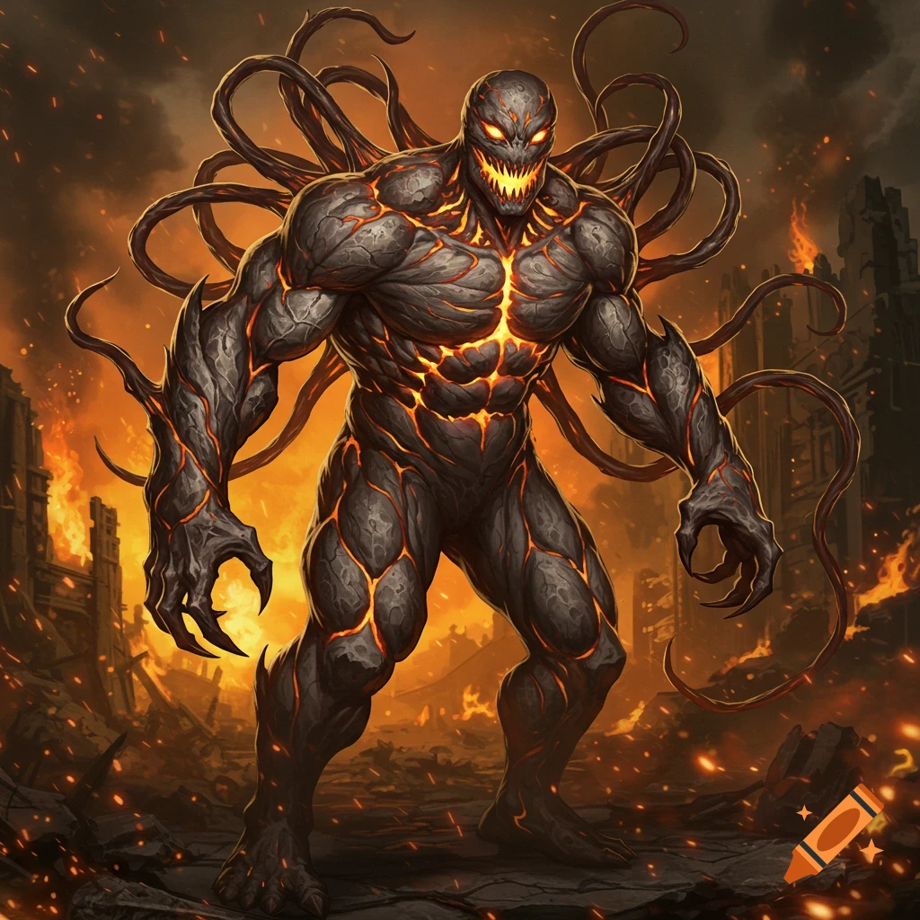 A semi-realistic fantasy painting of a muscular, ash-gray creature with glowing orange veins, sharp teeth, and tendrils, standing in a burning ruined city.