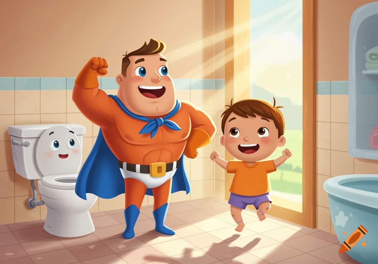 A cartoon illustration of a beaming superhero dad flexing next to a happy child in a bathroom with a friendly talking toilet.