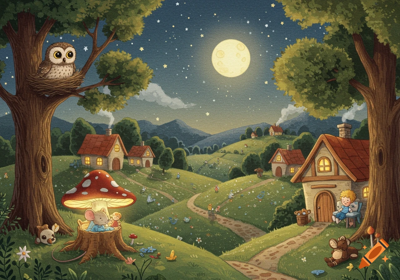 Whimsical watercolor of a peaceful night valley with cottages, a full moon, and an owl, mice, and a child among the trees.