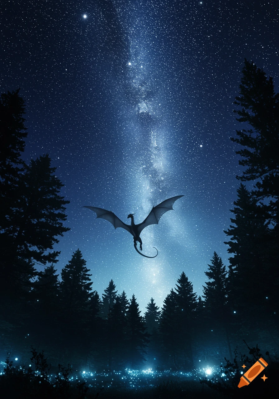 A dragon soars over a dark, silhouetted forest under a vibrant, starry night sky with the Milky Way, and glowing blue lights on the forest floor.