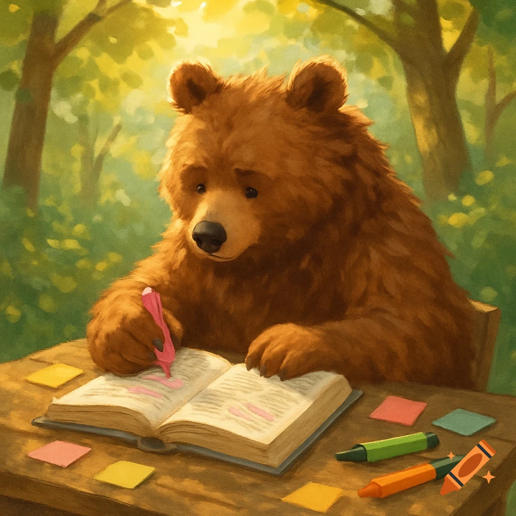 A brown bear uses a pink highlighter on a book, sitting at a wooden table in a sunlit forest, in a painted style.
