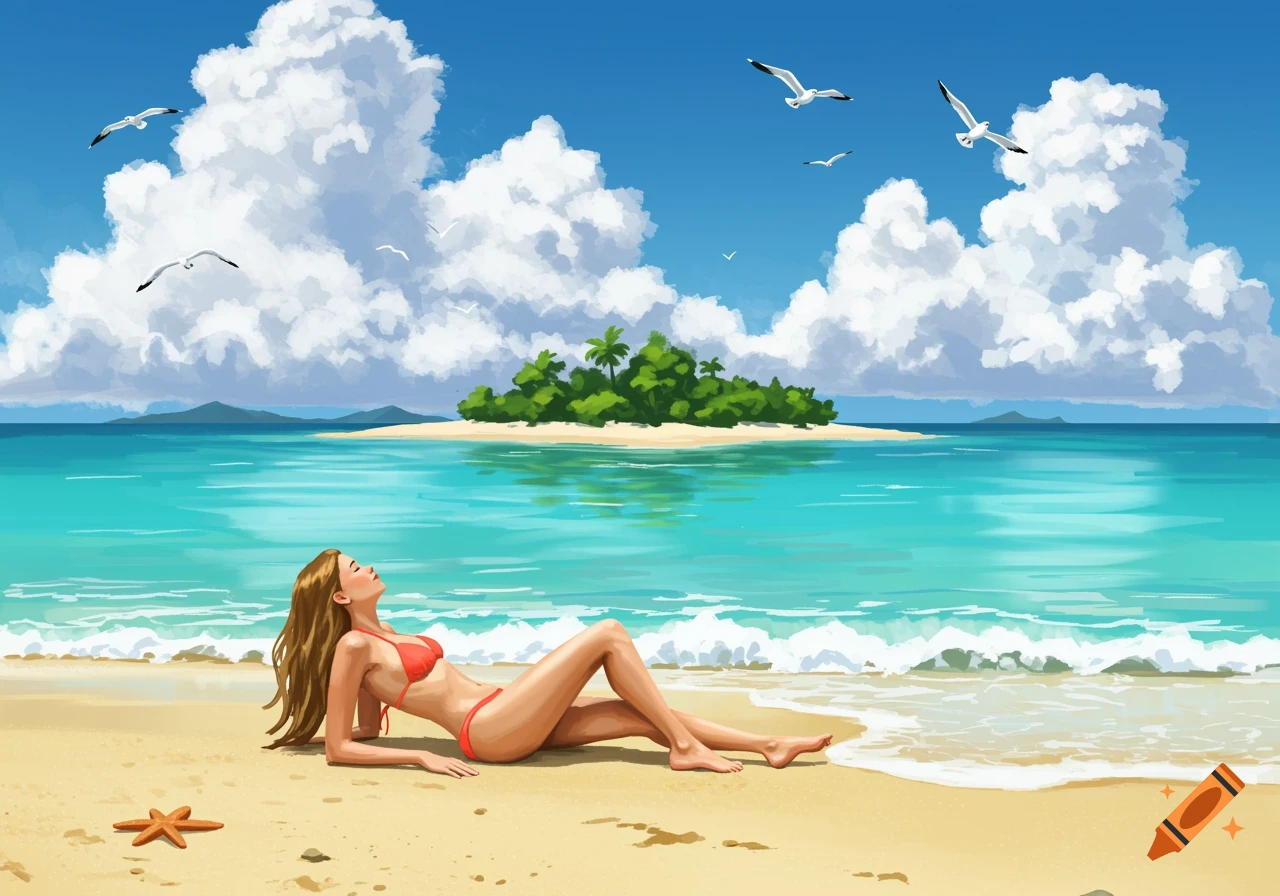Illustration of a woman in a red bikini lounging on a sunny beach with an island and seagulls in the background.