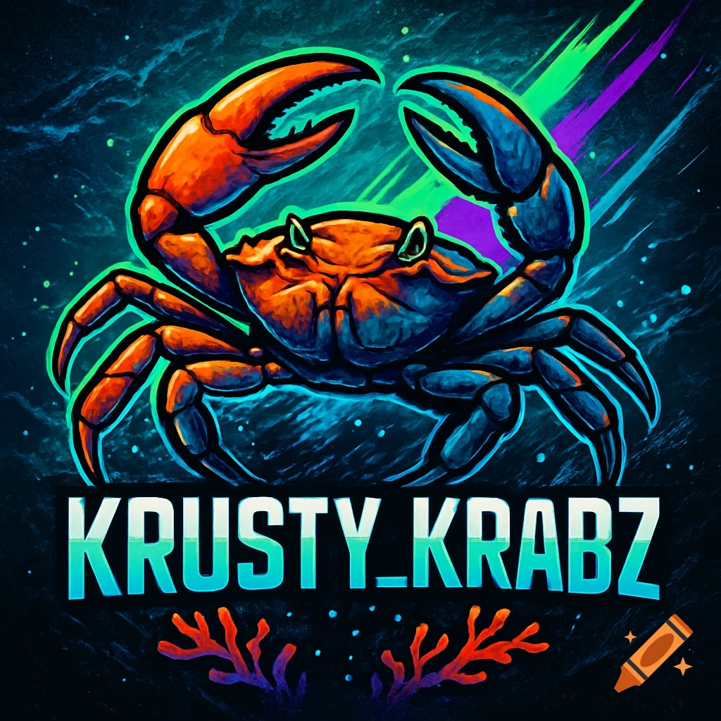 A vibrant, stylized illustration of a crab with large claws, over the text 'KRUSTY_KRABZ' in an esports logo style.