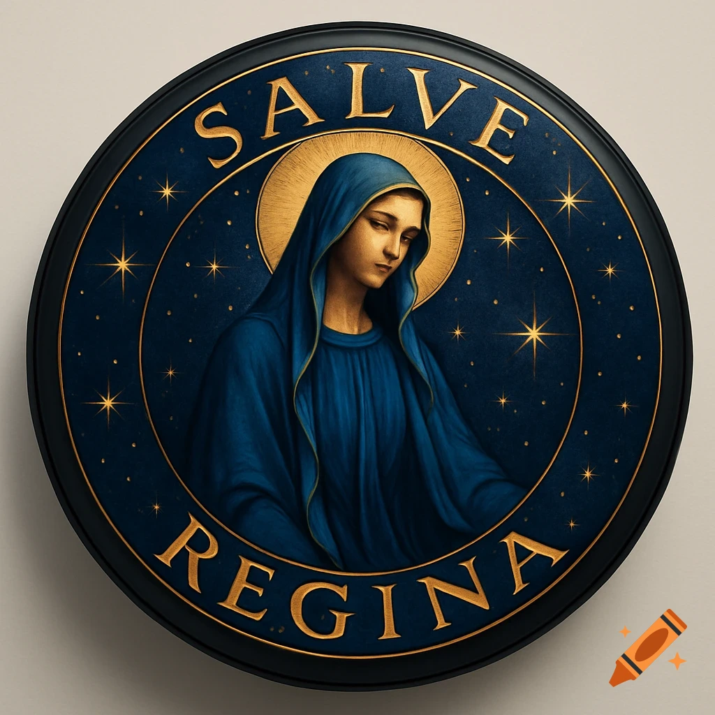 A circular golden and blue emblem of the Virgin Mary with a halo, against a starry sky, with 'SALVE REGINA' text.
