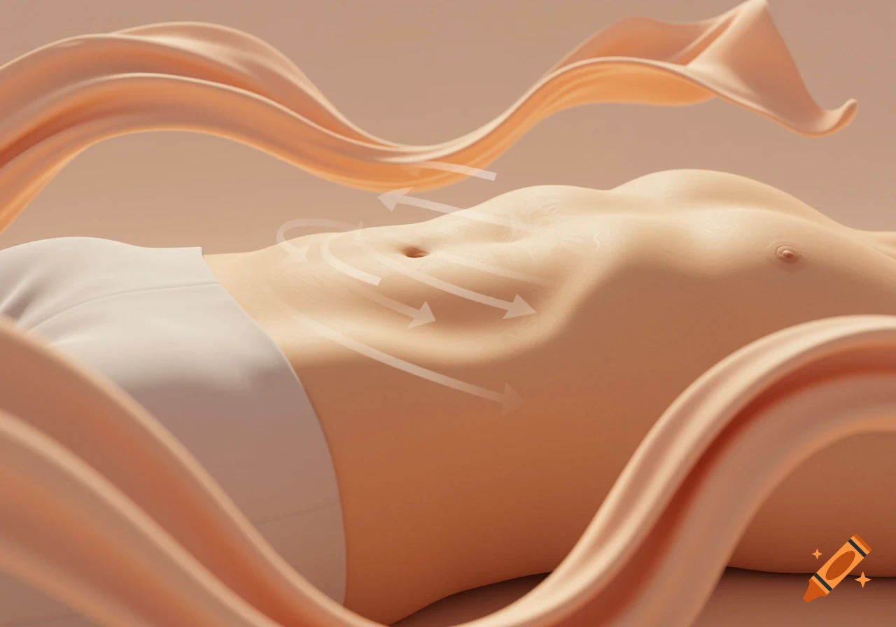 A stylized 3D render of a light-skinned torso from the chest to hips, wearing white underwear, with white arrows indicating movement on the belly.