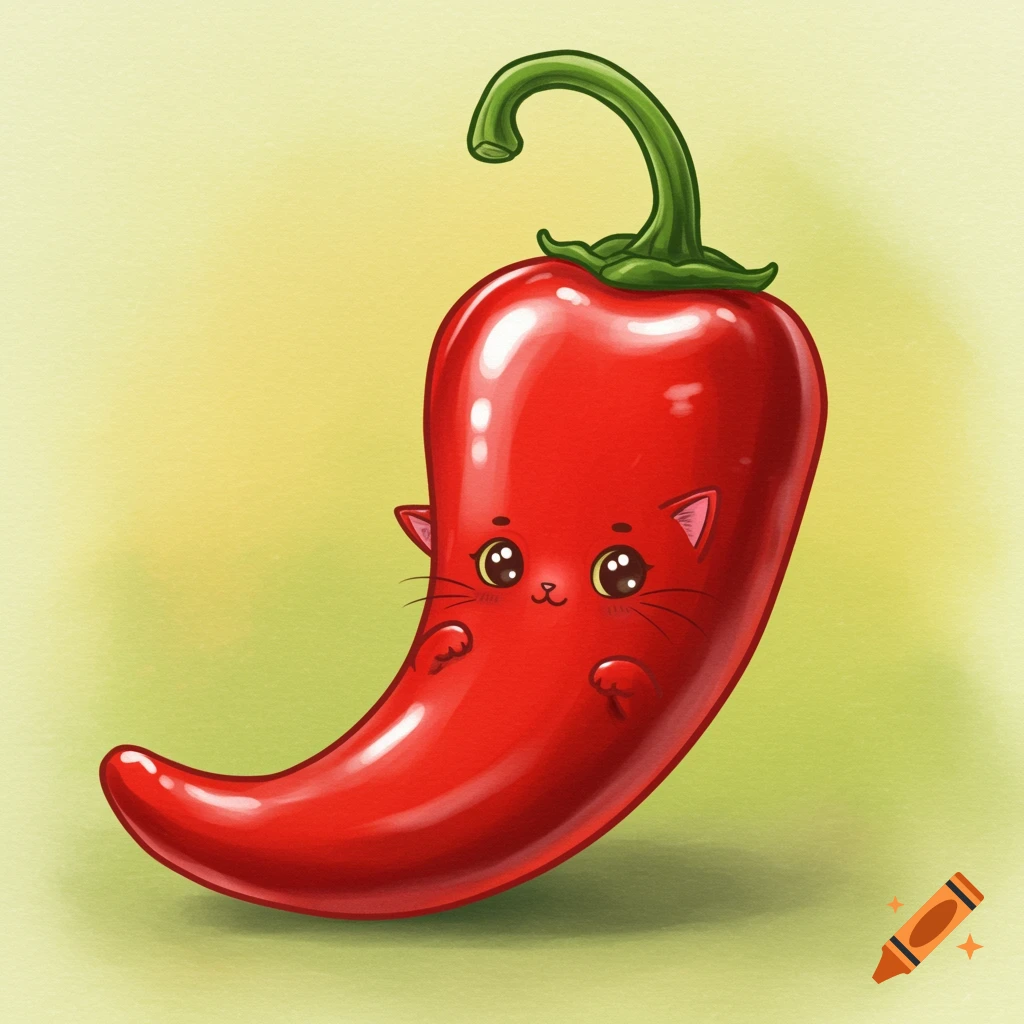 A cute red chili pepper illustration with cat ears, eyes, nose, whiskers, and small paws, on a light green background.