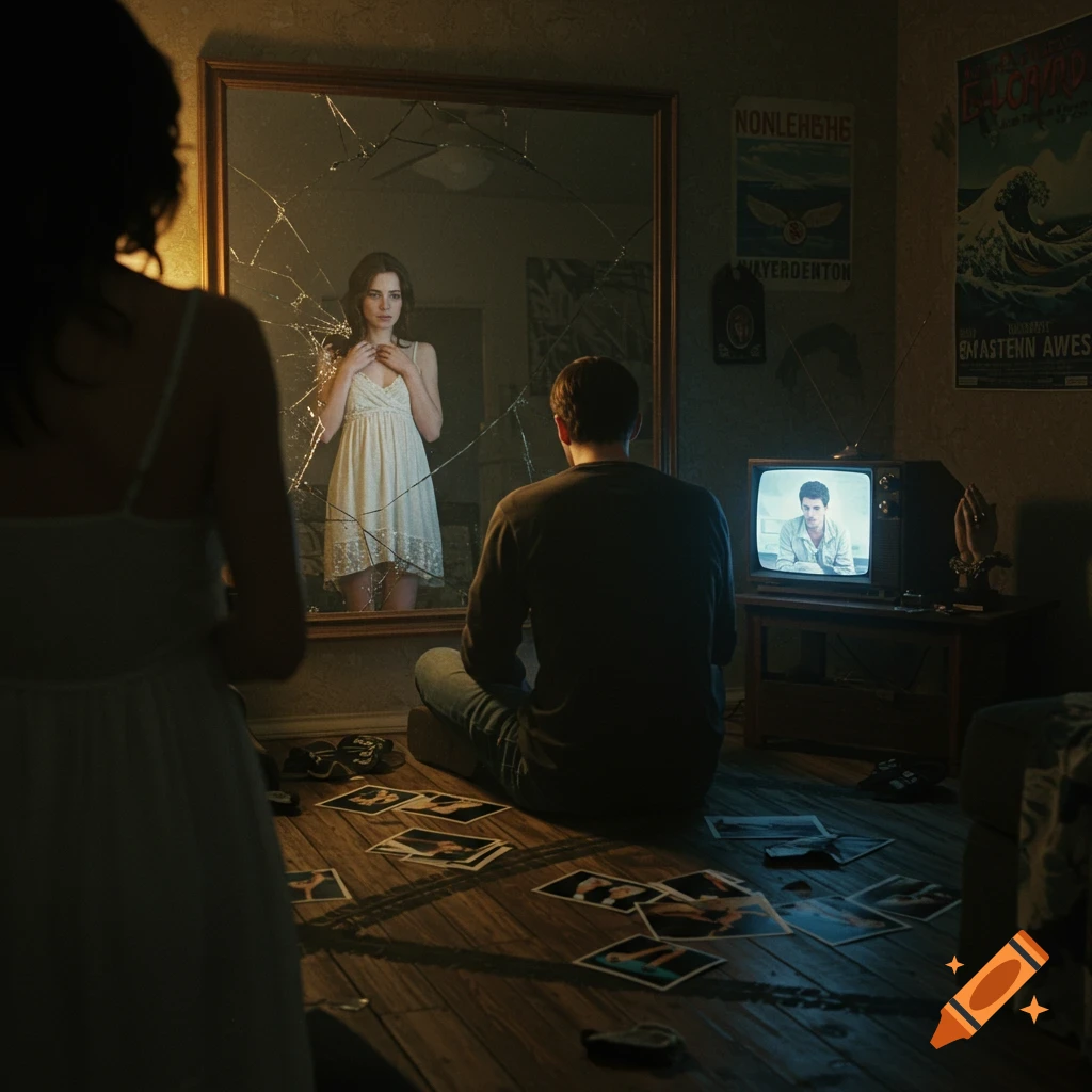 A woman looks into a large, partially shattered mirror reflecting her and a man with his back turned, watching a CRT TV showing his face. Photos are scattered on the floor, and posters adorn the wall.