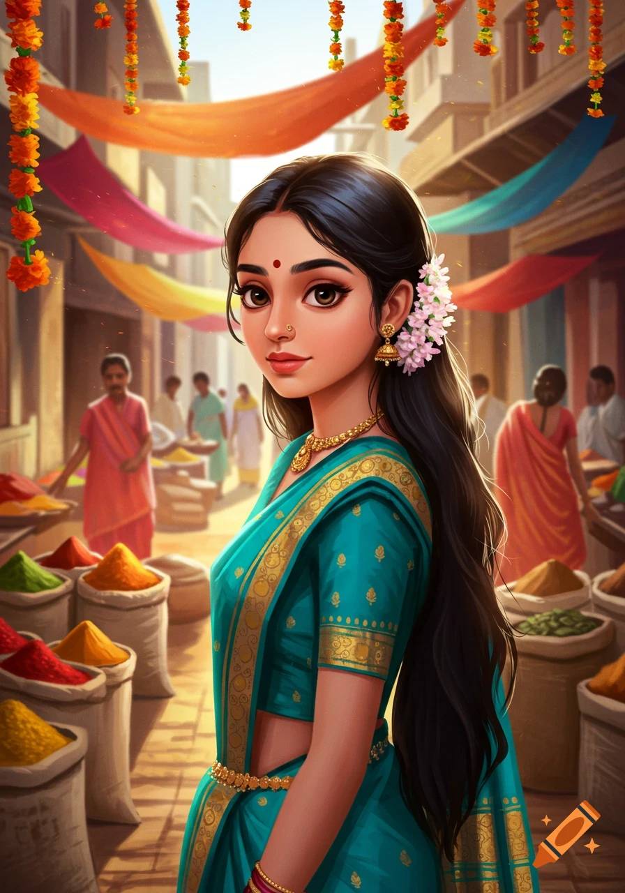 A stylized illustration of a young Indian woman in a teal and gold saree at a vibrant market stall, adorned with traditional jewelry and flowers.