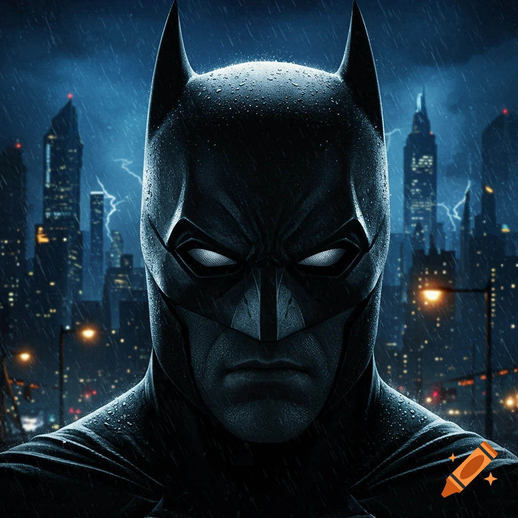 Close-up of Batman's face in the rain with glowing white eyes and a city skyline background, in a dark, dramatic style.
