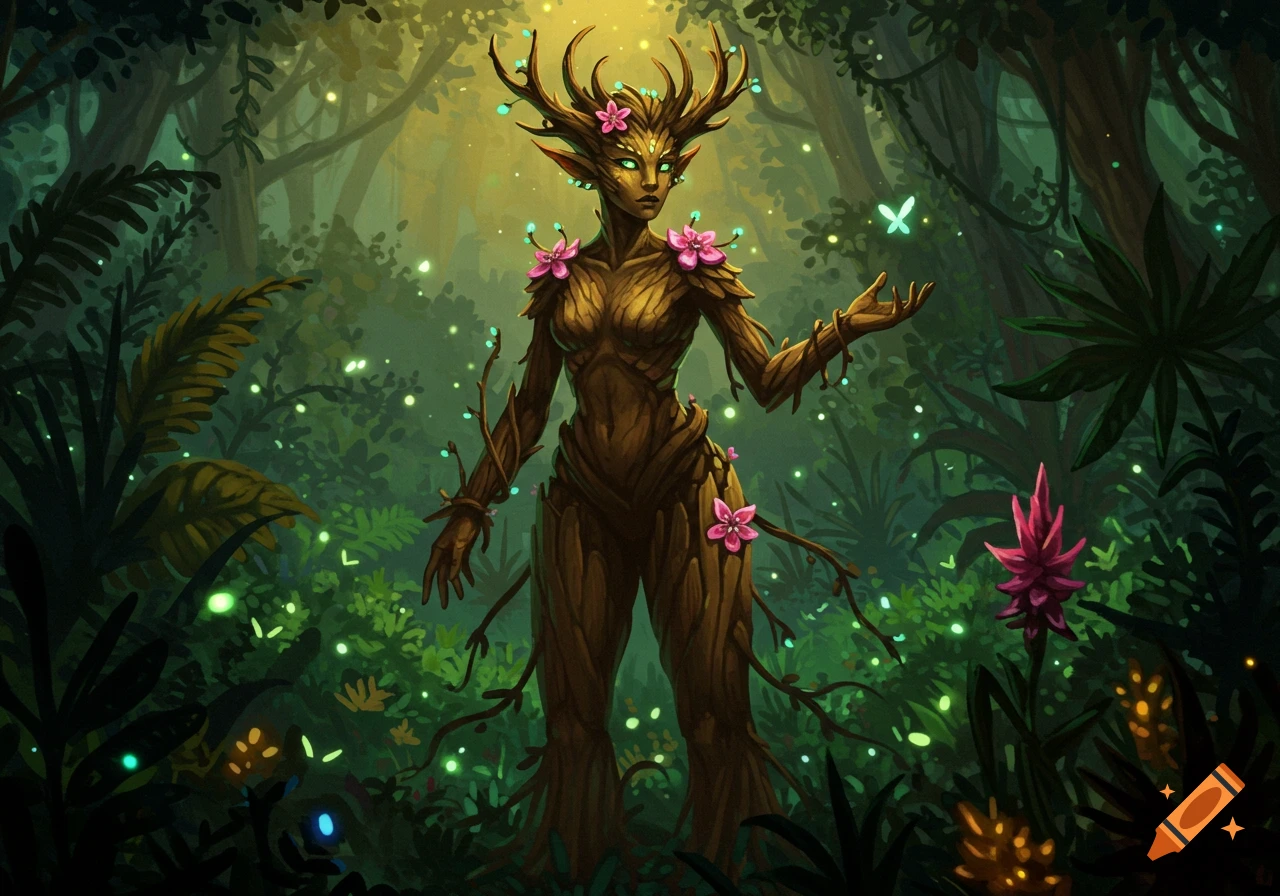 A female dryad, with bark-like skin, antlers, and pink flowers, stands in an enchanted, glowing forest.