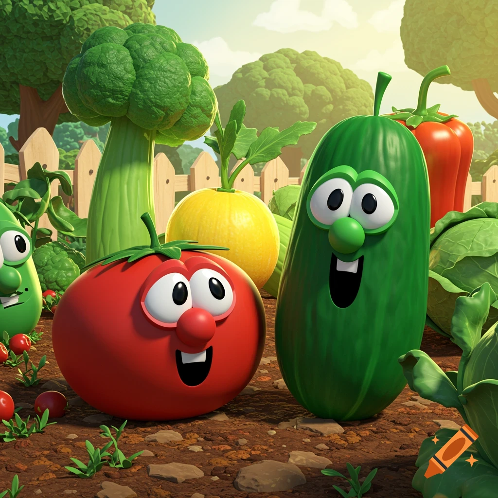 3D animated cartoon characters, Bob the Tomato and Larry the Cucumber, smiling in a sunny garden with other vegetables and a fence.