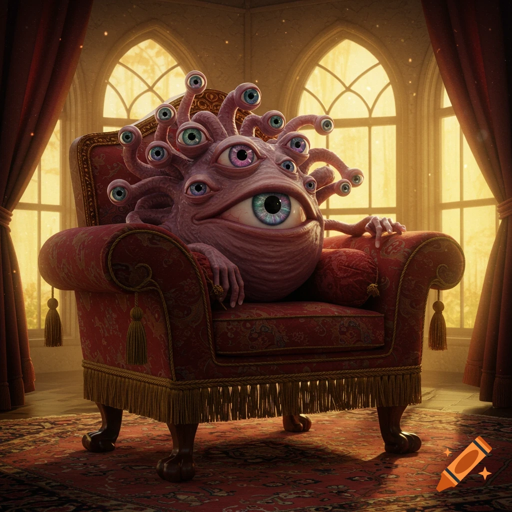 A purple, multi-eyed Beholder monster sits comfortably on a red velvet armchair in a room with large arched windows.