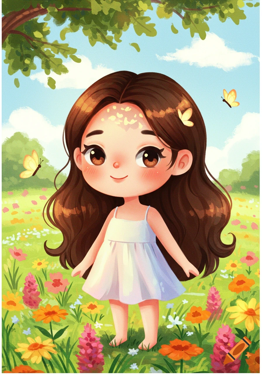 A cute cartoon girl with long brown hair in a white dress stands in a field of colorful flowers under a tree with butterflies.