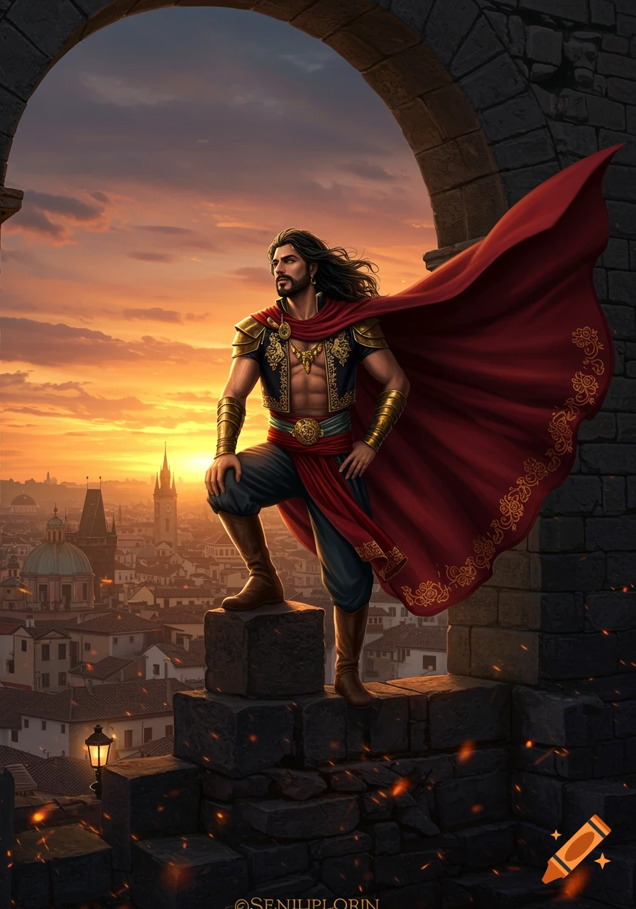 A powerful man in a red cape and ornate armor stands on a stone archway overlooking a city at sunset, fantasy art.