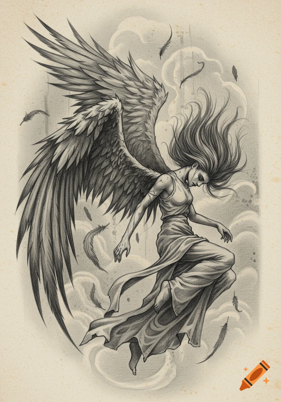 A monochrome pencil drawing of a winged angel with long, flowing hair, falling through clouds with feathers around her.