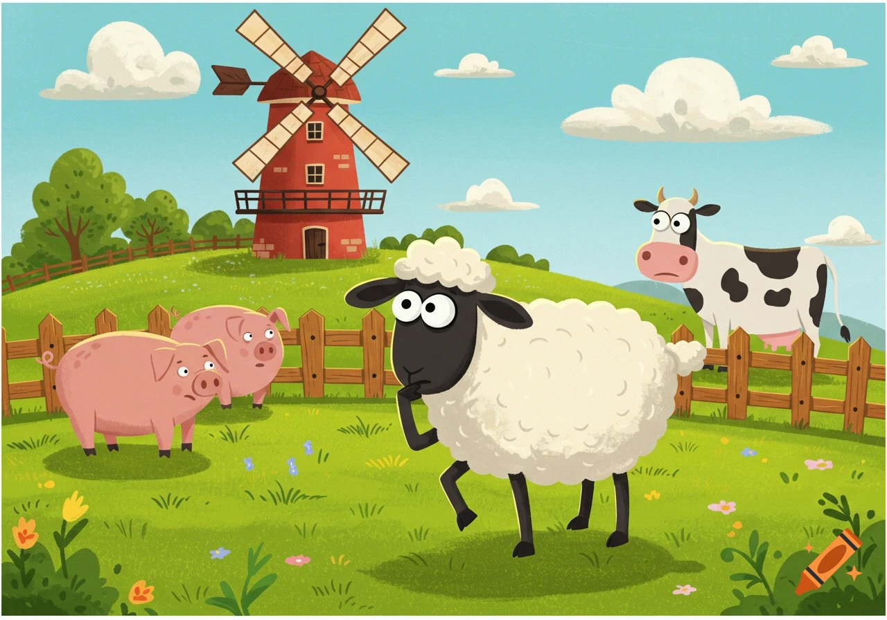 A cartoon sheep, pigs, and a cow stand in a green pasture with a red windmill and clouds under a blue sky.