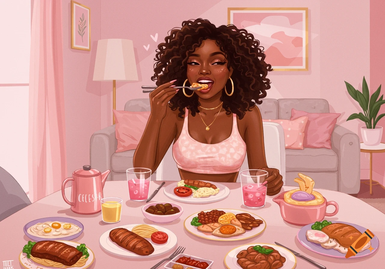 An illustrated Black woman with curly hair sits at a table in a pink room, eating a large meal with chopsticks.