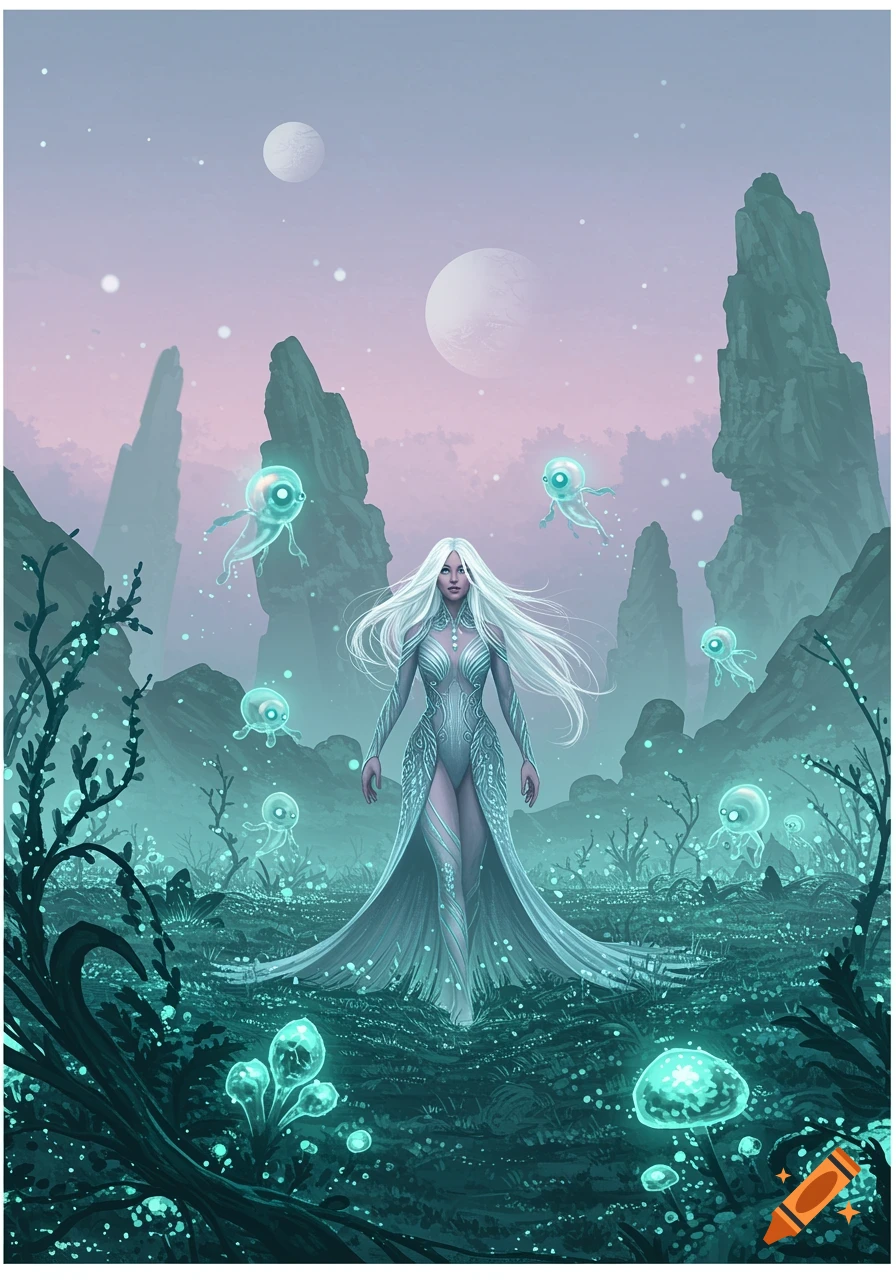 A white-haired woman in a futuristic gown stands in an otherworldly landscape with glowing plants and floating creatures under a pink sky.