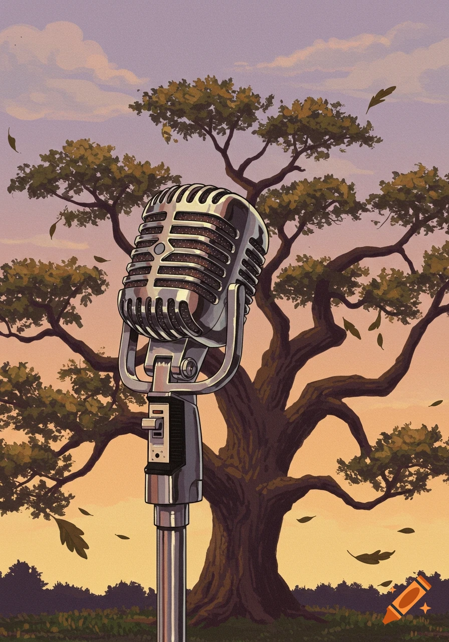 An old-fashioned microphone stands in front of a large tree under a pastel sky with falling leaves, in an illustrated style.