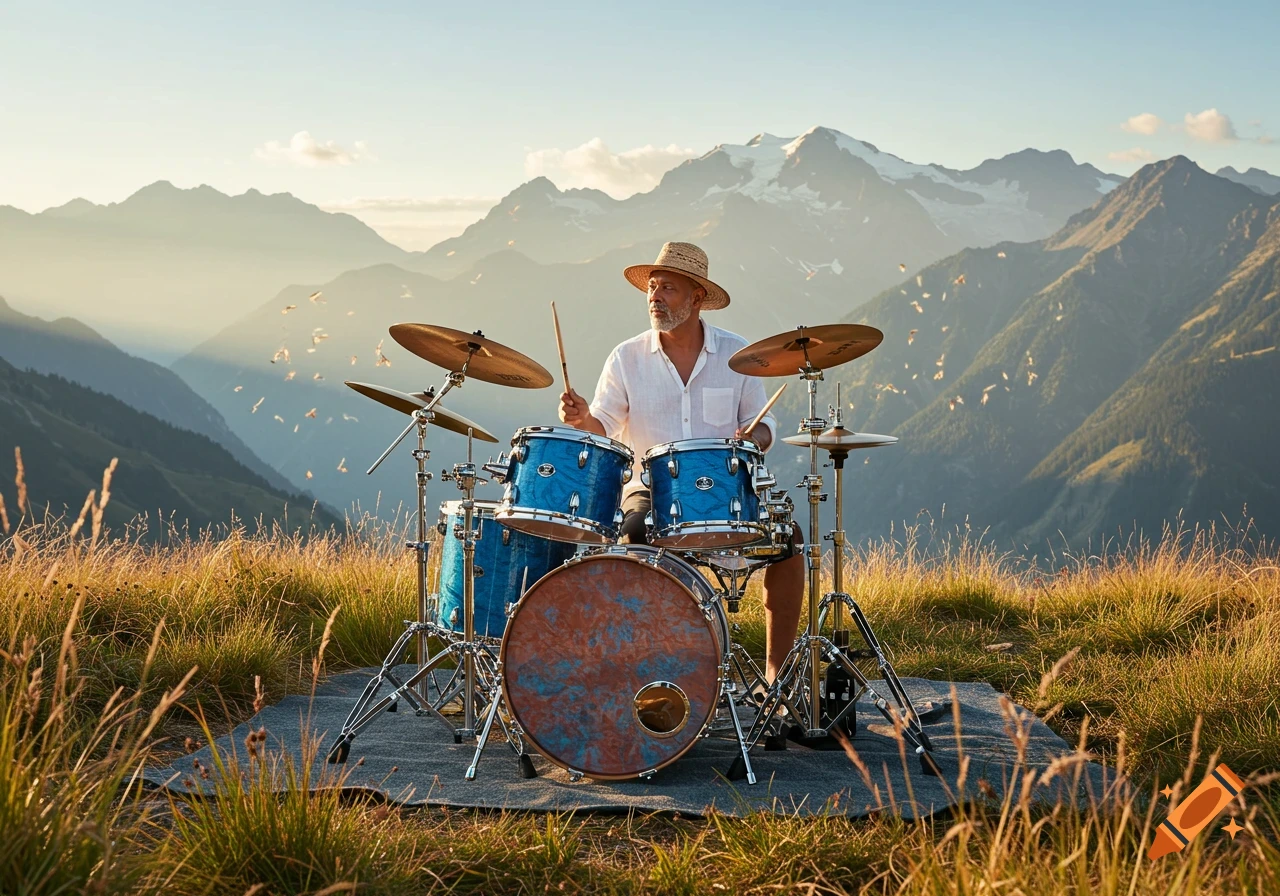 A man plays a blue drum kit on a mountain top at sunset, with a snowy peak in the background.