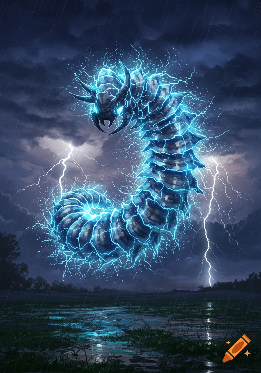 A segmented, armored creature resembling an Armadillidiidae, crackling with bright blue electricity, floats in a stormy, rainy night field with lightning.