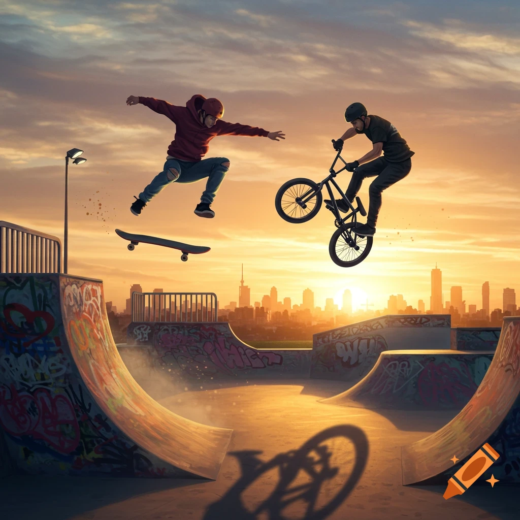 Two athletes, one on a skateboard and one on a BMX bike, jump in a skate park at sunset with a city skyline in the background.