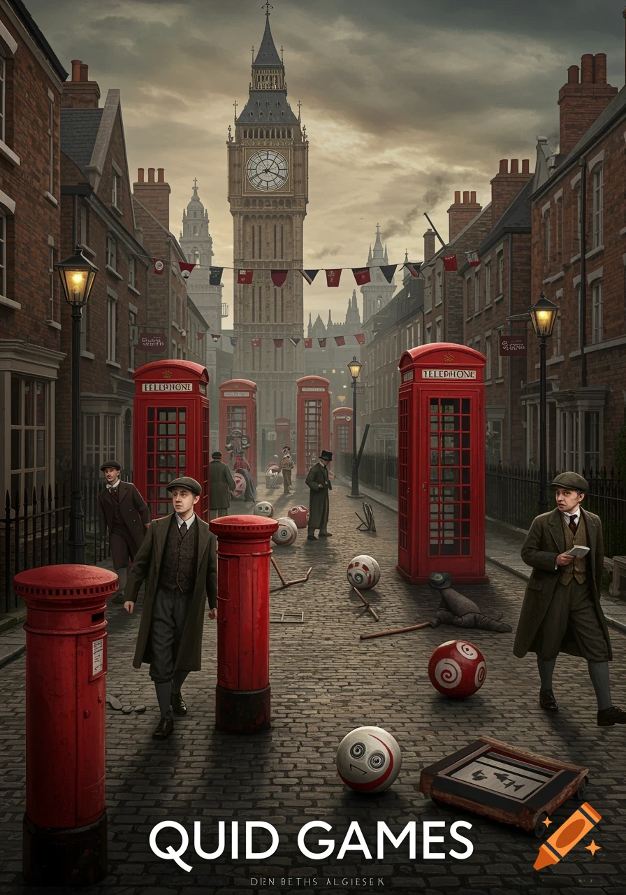A moody British street scene with Big Ben, red phone booths, men in vintage attire, and game balls, with 'QUID GAMES' text.