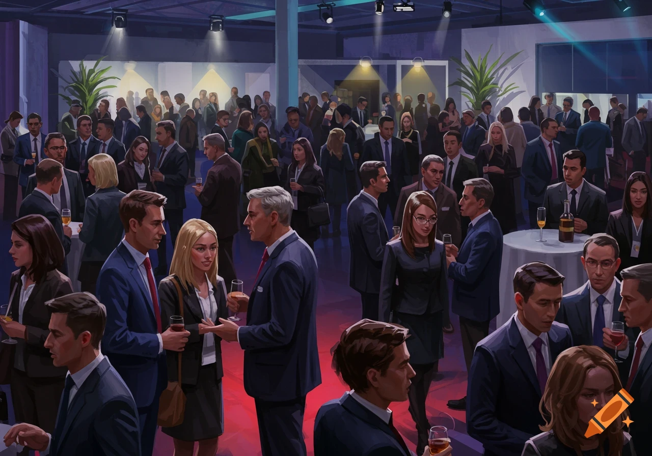 An illustration of a large group of people dressed in business attire, socializing and networking at an indoor event, holding drinks.