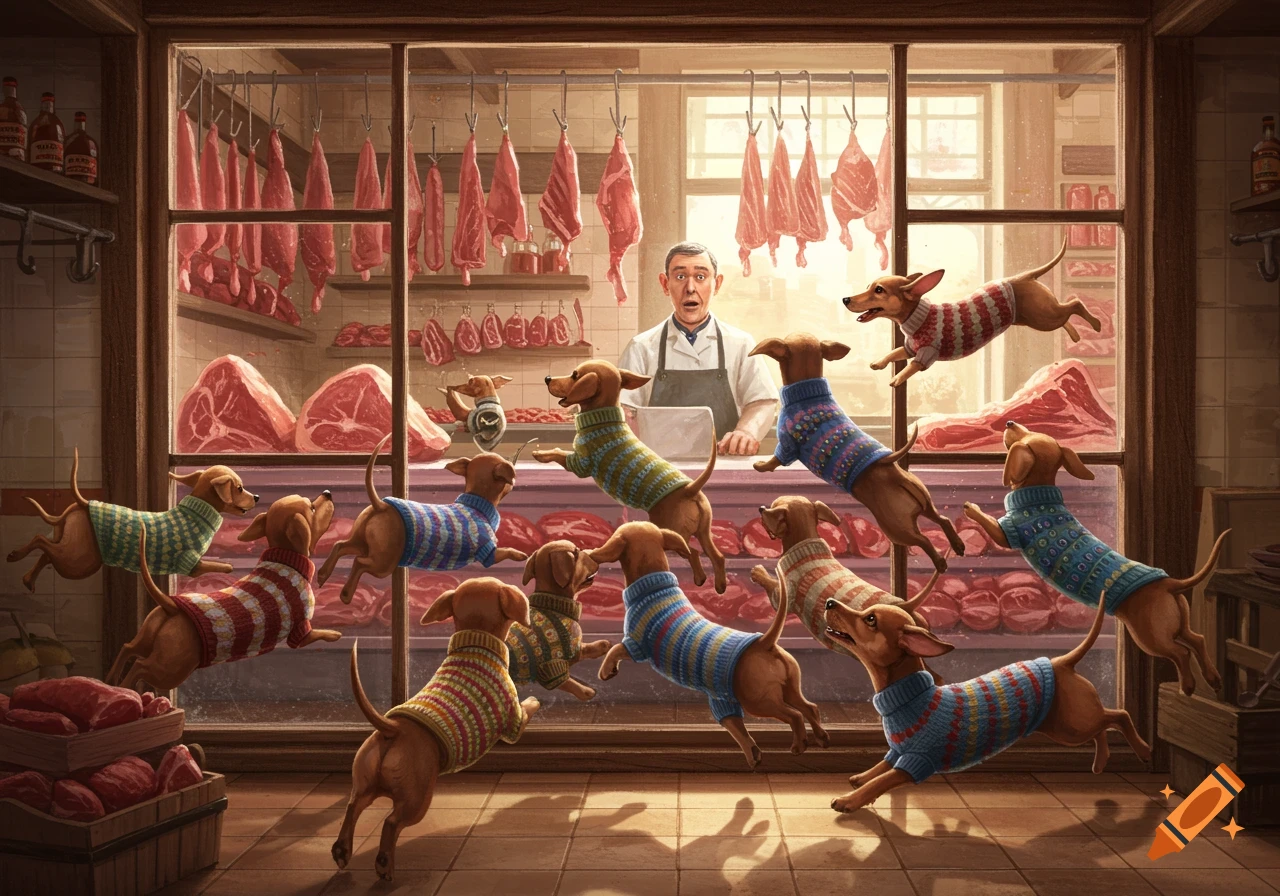 Illustrated scene: Dozens of sausage dogs in colorful sweaters jump into a butcher shop, surprising the butcher, amidst raw meat displays.