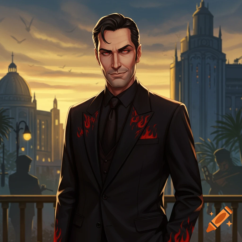 A stern man with red eyes in a black suit with red flames stands on a balcony overlooking a city skyline at sunset in a digital art style.