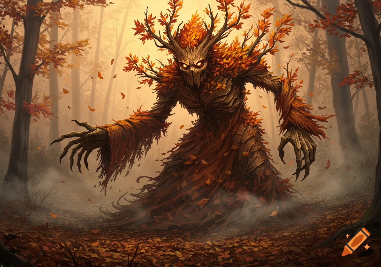 A terrifying monster made of autumn leaves and branches stands in a misty, sunlit forest with glowing eyes.