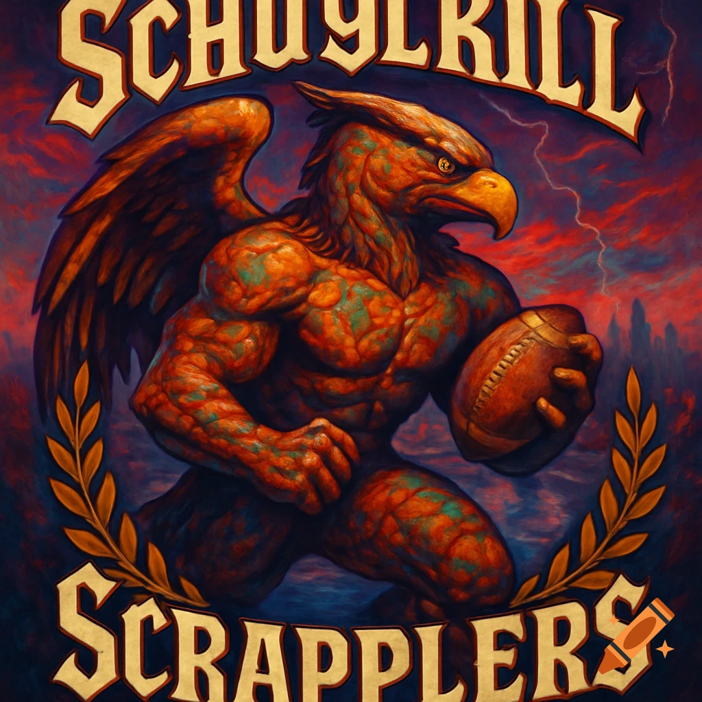 A powerful griffin-like creature holding a football, with 'SCHUYLKILL SCRAPPLERS' text, against a stormy sky. Digital illustration style.