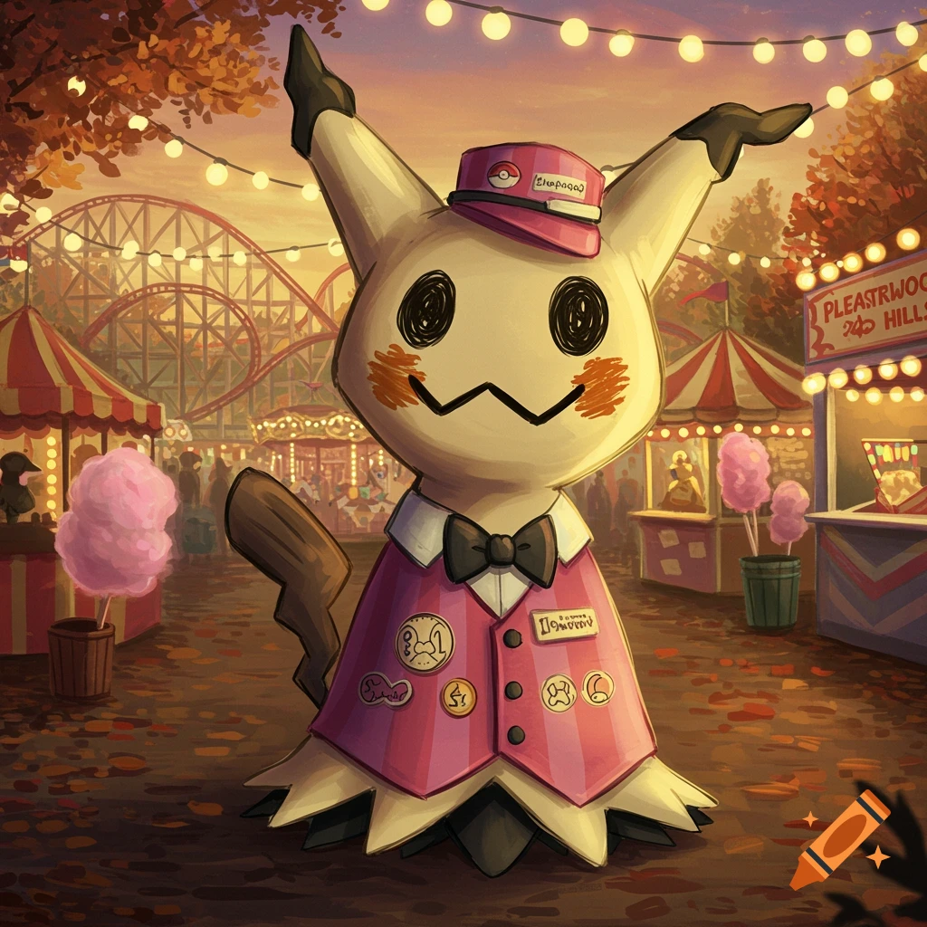 Mimikyu from Pokemon in a pink uniform and hat, standing in a vibrant carnival with a roller coaster and string lights. Illustration.