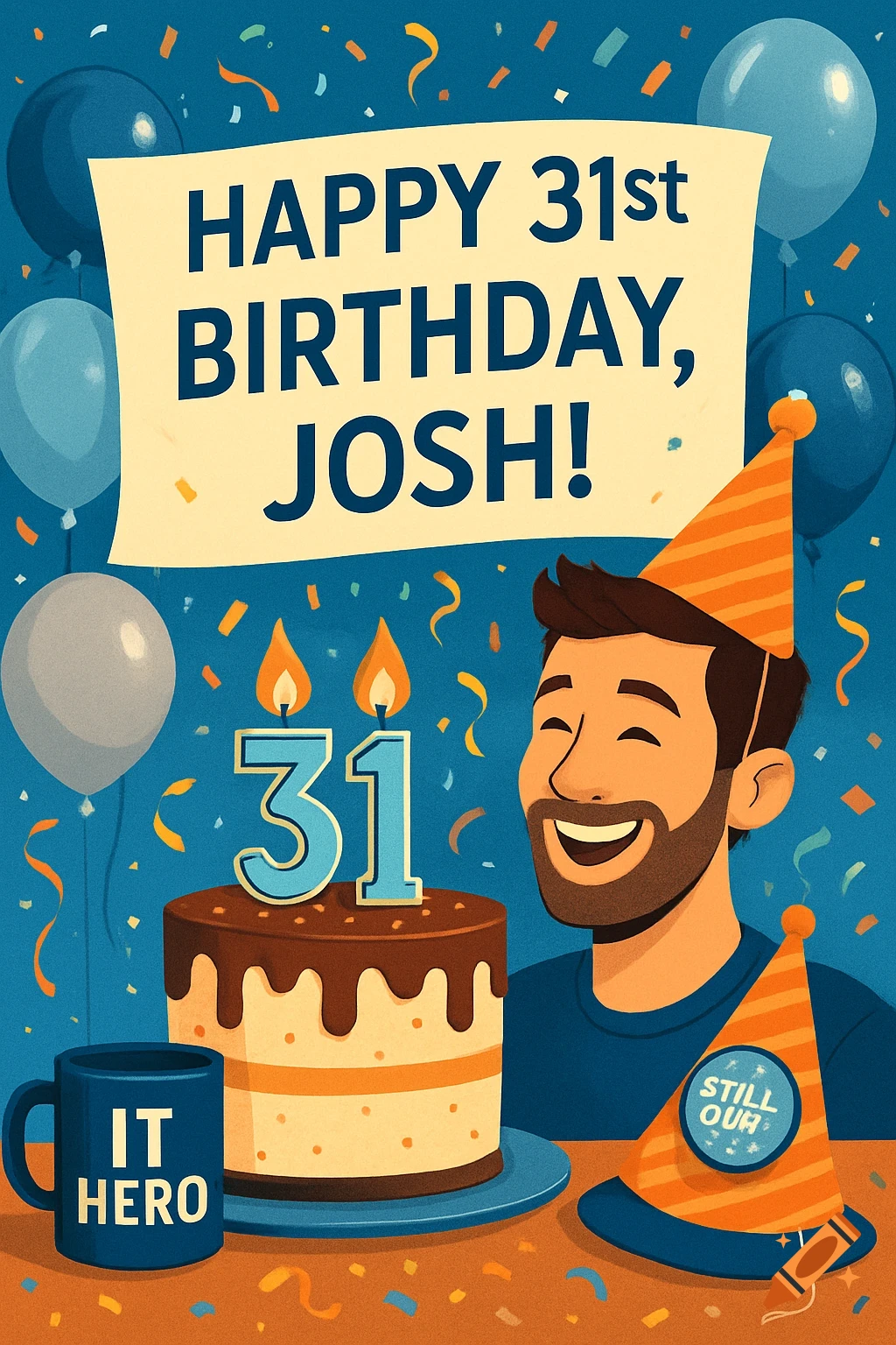 A cheerful illustration of a man celebrating his 31st birthday with a cake, balloons, confetti, an "IT Hero" mug, and a banner that reads "Happy 31st Birthday, Josh!".